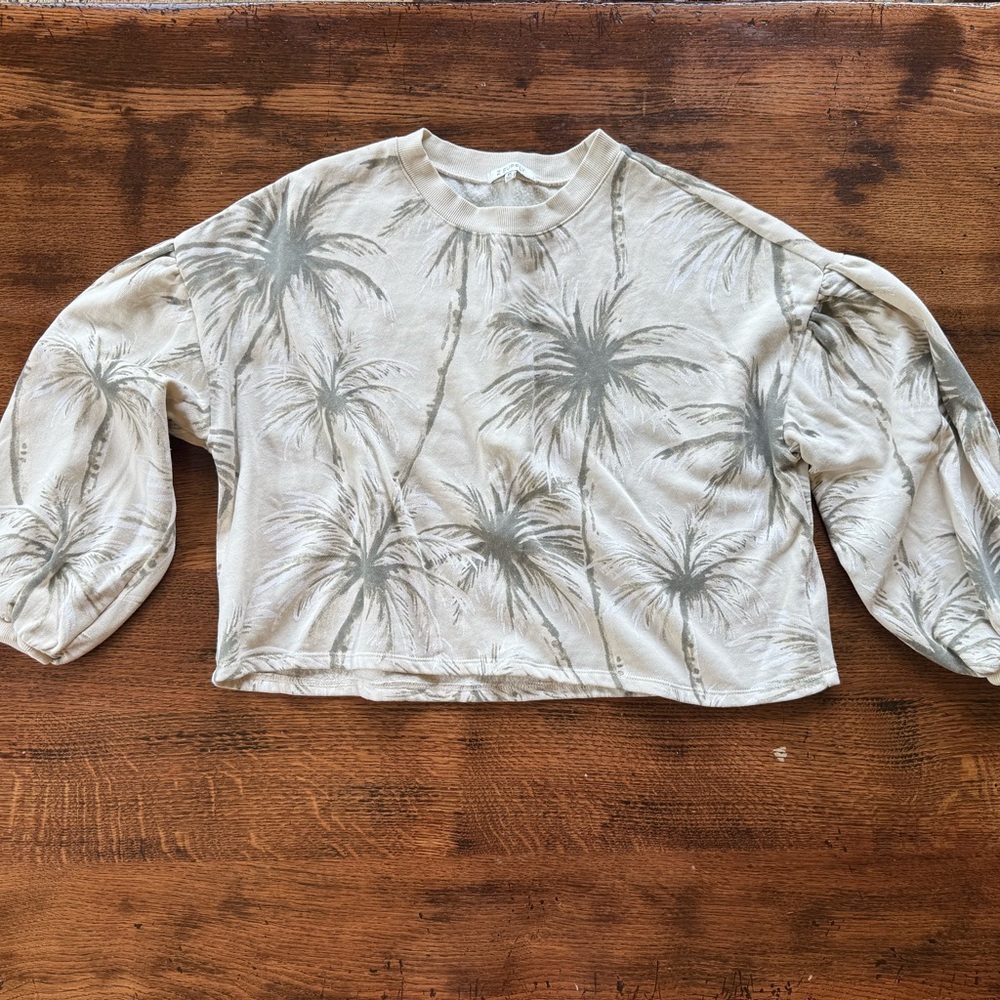 Beachy Beige & Green Puffed Sleeve Cropped Sweater, Size XS